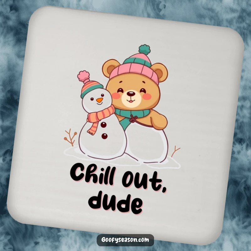 Funny drink coaster with a curious bear character building a snowman, wearing silly, mismatched hats, adding humor to any surface.