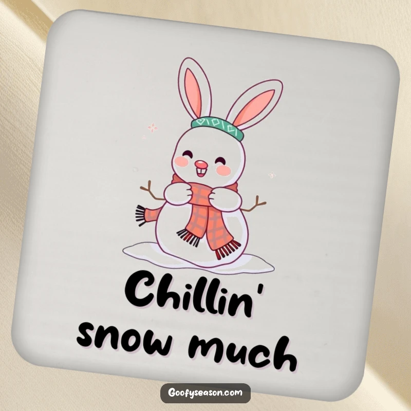 Funny coasters with a happy bunny character decorating a snowman with a scarf, protecting surfaces with winter cheer.