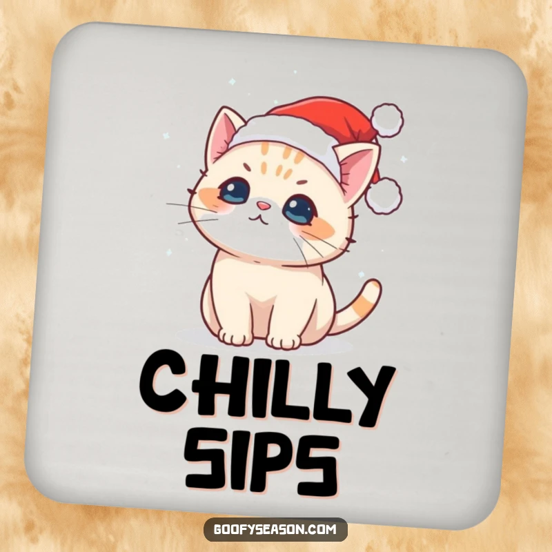 Set of funny drink coasters showing a cute Kawaii cat in a Santa hat catching snowflakes, adding holiday humor.