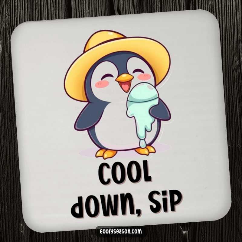 Funny Coaster: A joyous penguin in a sun hat holds a dripping ice cream cone.