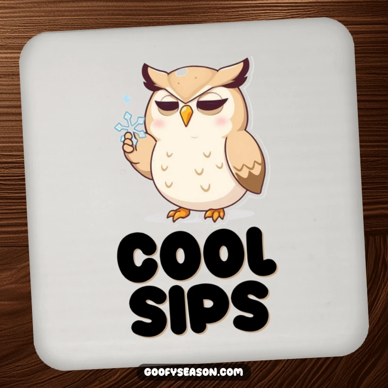 Funny drink coaster featuring a determined owl character focused on catching a snowflake, adding a humorous touch to any table setting.
