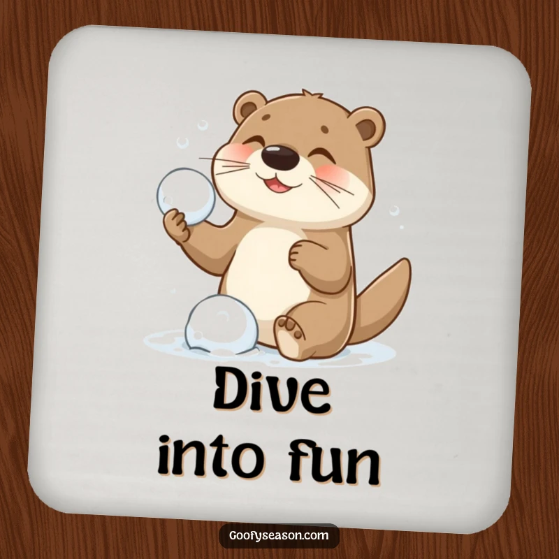 Funny drink coaster depicting a playful otter character in a lively snowball fight scene, adding a touch of humor to any surface.