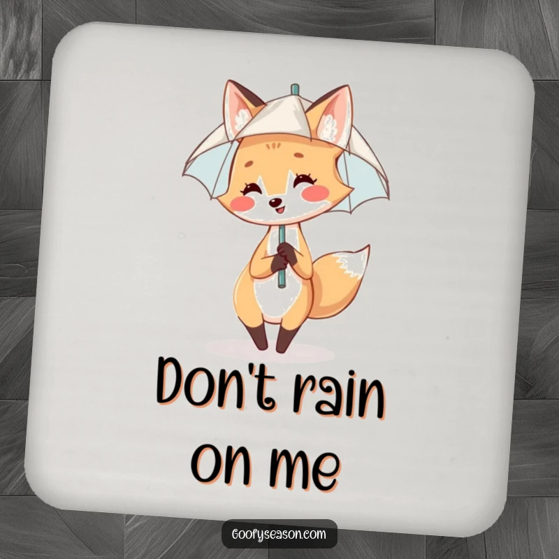 Funny Coaster: A smiling fox playfully dances in the gentle rain beneath a tiny umbrella.