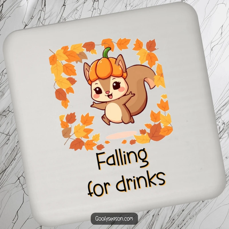Funny drink coaster featuring a playful squirrel in a pumpkin hat jumping through autumn leaves, offering surface protection with festive flair.