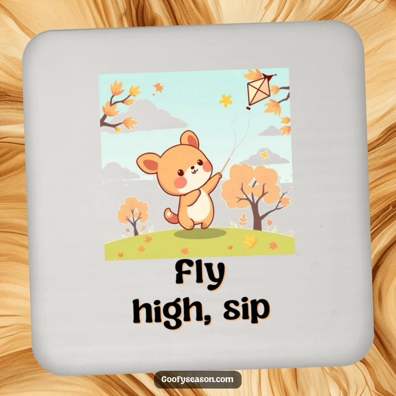 Funny kawaii animal character flying a kite on a breezy autumn day, protecting your table with this drink coaster.