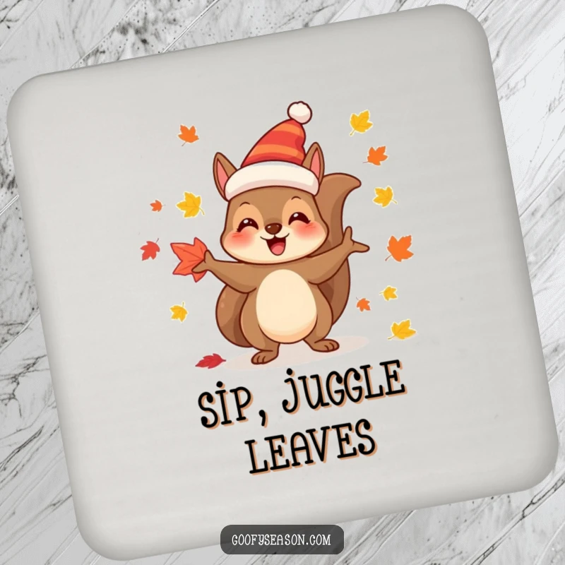 Funny Coaster: Joyful squirrel character juggling colorful autumn leaves, adding a touch of fall festivity.