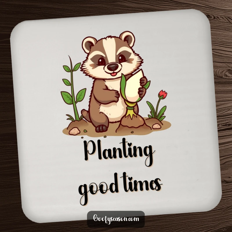 Funny drink coaster showing a determined badger wearing gardening gloves, planting a small giant bulb.