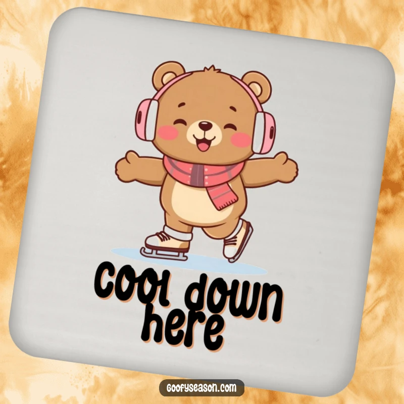 Funny bear character with earmuffs, ice skating enthusiastically on coasters, bringing winter humor to surfaces.