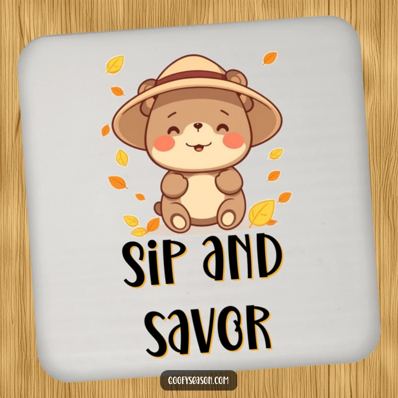 Funny happy bear character wearing a sun hat, catching falling leaves on a drink coaster, adding a touch of autumn humor.