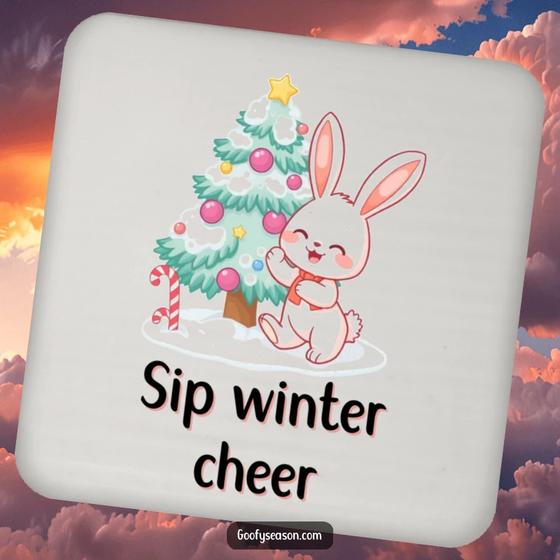 Funny bunny character decorating a snow-covered tree with candy, designed on a drink coaster for festive holiday decor.