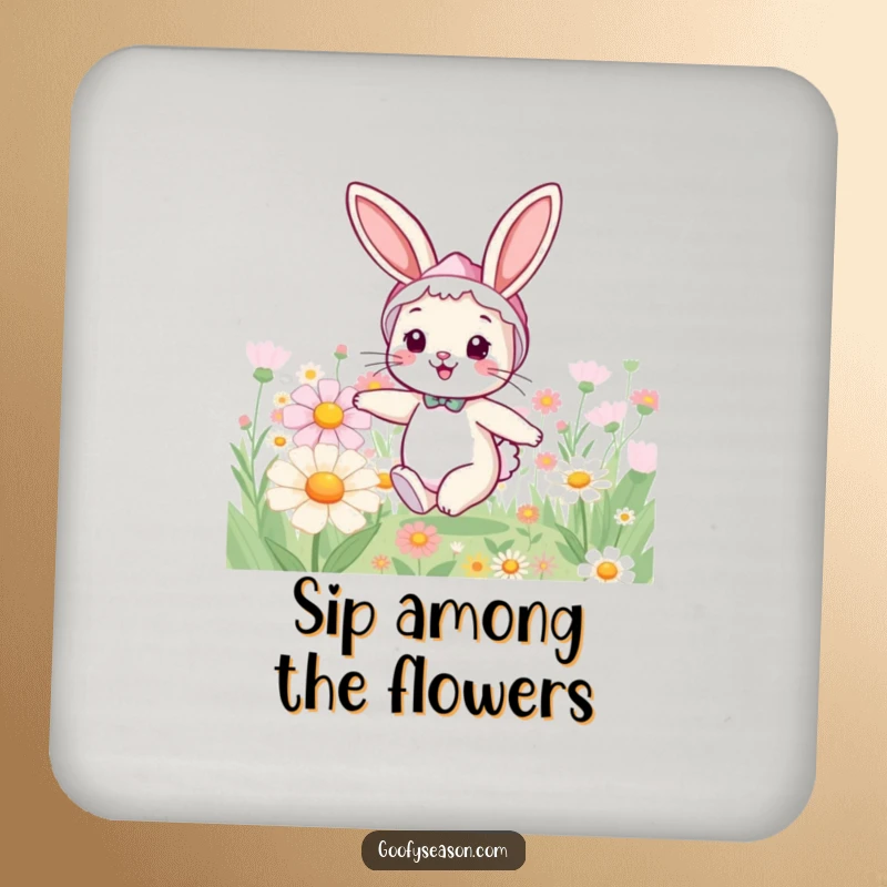 Funny bunny coaster art of a cheerful rabbit in a spring bonnet, hopping through a field of oversized flowers.