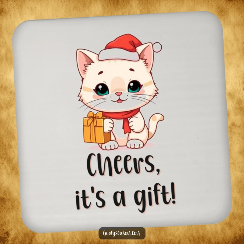 Funny cat with a Santa hat and gift on a drink coaster, adding holiday charm, funny gift.