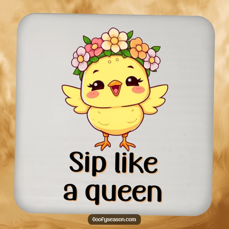 Funny coaster with a joyous chick character wearing a flower crown, adding humorous spring cheer and surface protection.