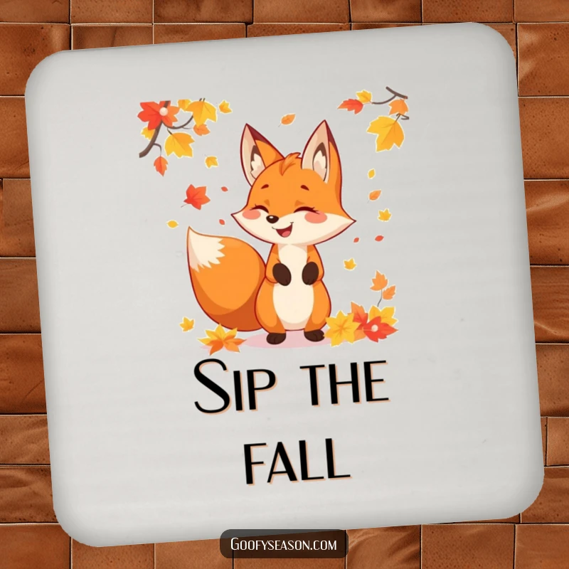 Funny fox character juggling colorful autumn leaves, designed on a drink coaster for festive fall decor.