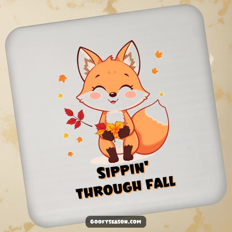 Funny coasters displaying a cheerful fox character holding colorful autumn leaves, adding fall flair to any surface.