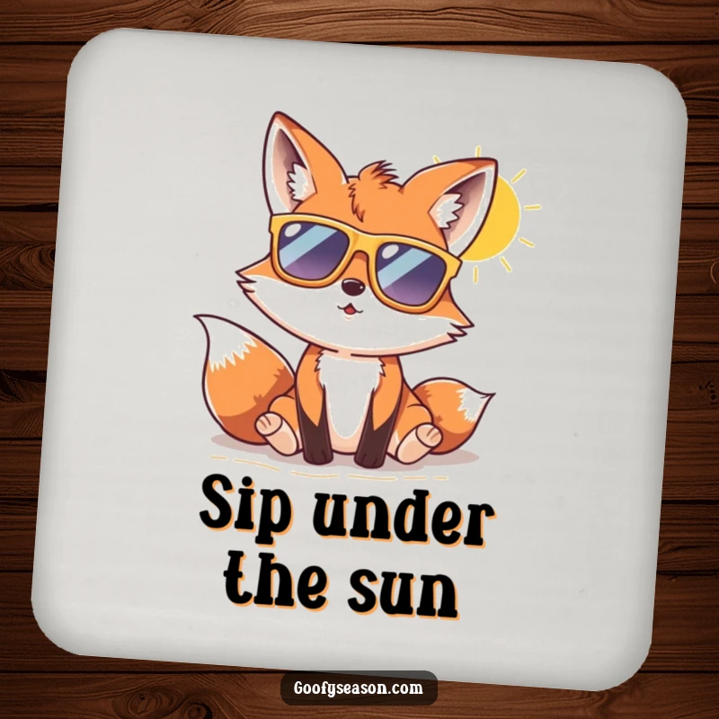 Funny fox character in oversized sunglasses enjoying a sunny beach day on coasters, bringing cool humor.