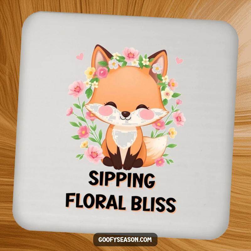 Funny coaster set with a happy fox wearing a spring wreath, surrounded by blooming flowers, protecting surfaces with natural beauty.