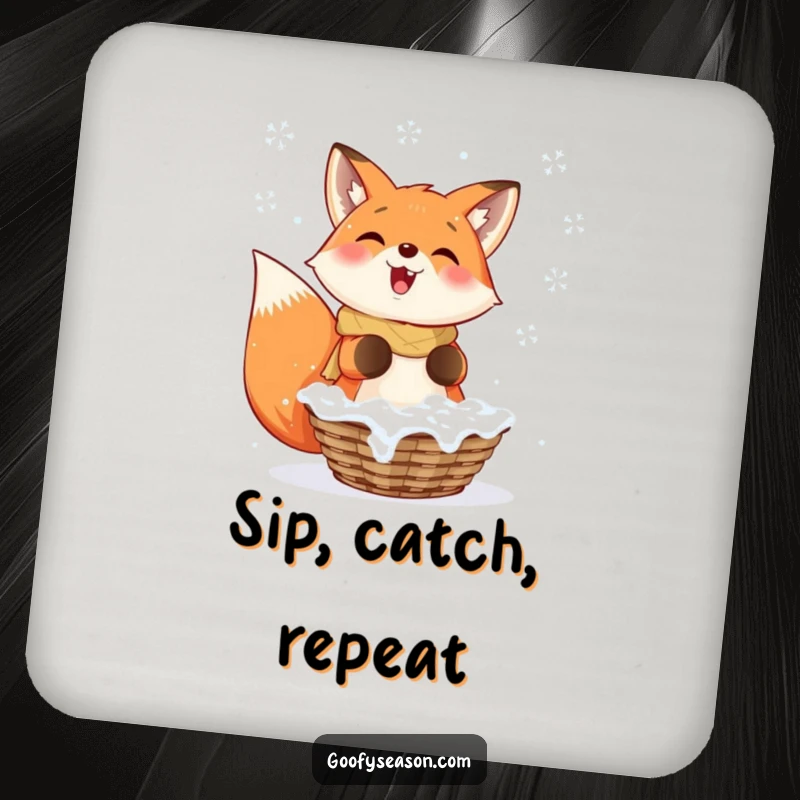 Funny Fox Drink Coaster: A smiling fox enthusiastically catching falling snowflakes in a basket, adding winter whimsy.