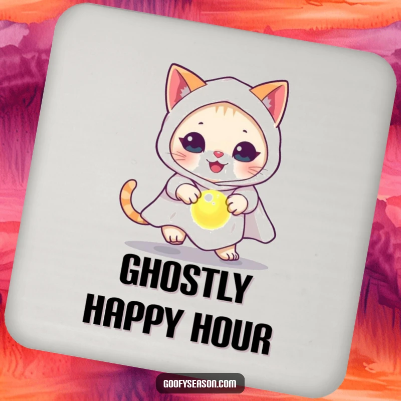 Funny cat in a ghost costume, chasing a glowing orb, on protective drink coasters.