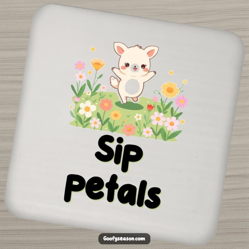 Funny coaster set featuring a joyful animal character dancing playfully in a vibrant field filled with colorful blooming flowers.