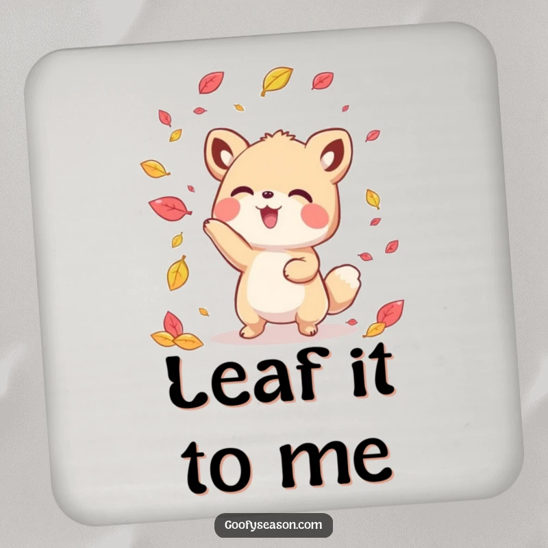 Funny kawaii animal character playfully tossing colorful leaves, designed as a functional drink coaster.