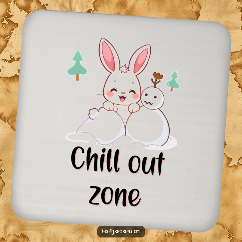 Funny Kawaii bunny drink coaster featuring a cute character with a mischievous grin building a snowman, stylish protection.