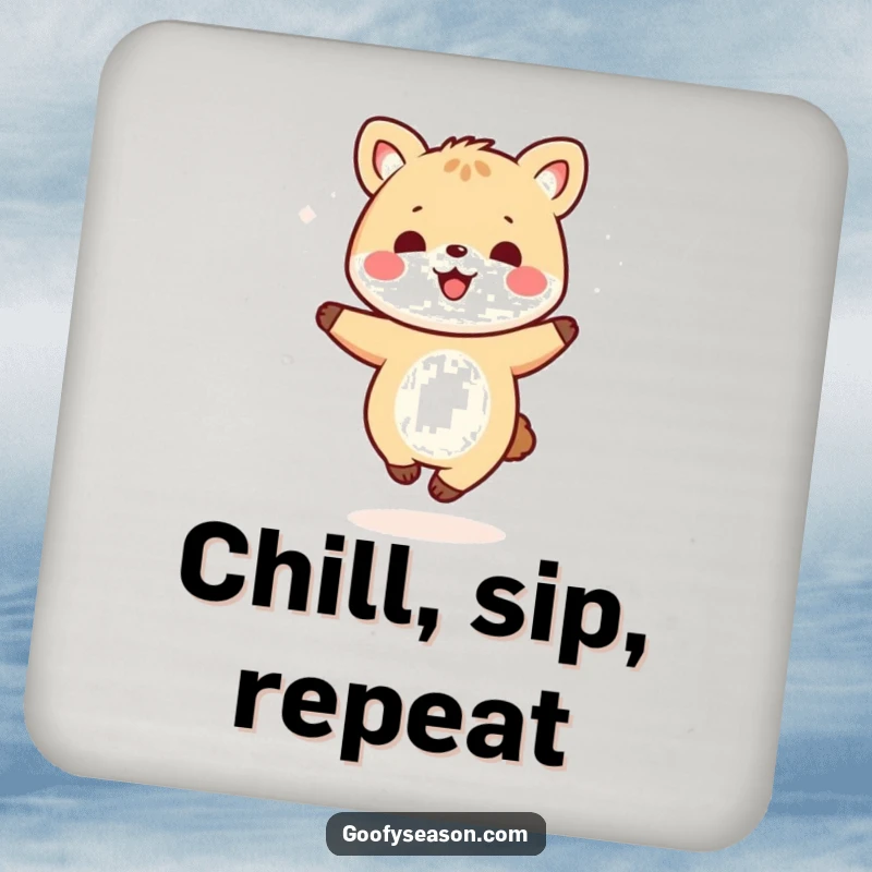 Funny kawaii animal character performing a joyful dance amidst gentle snowflakes, showcased on a protective drink coaster.