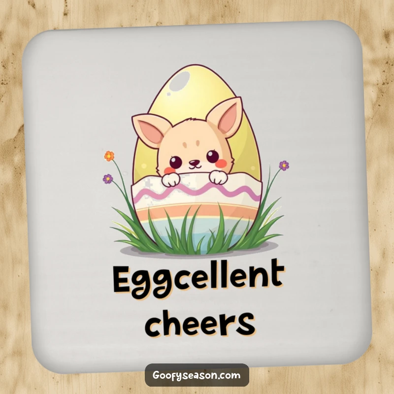Funny kawaii animal character peeking from behind a colorful Easter egg, protecting your table with this drink coaster.