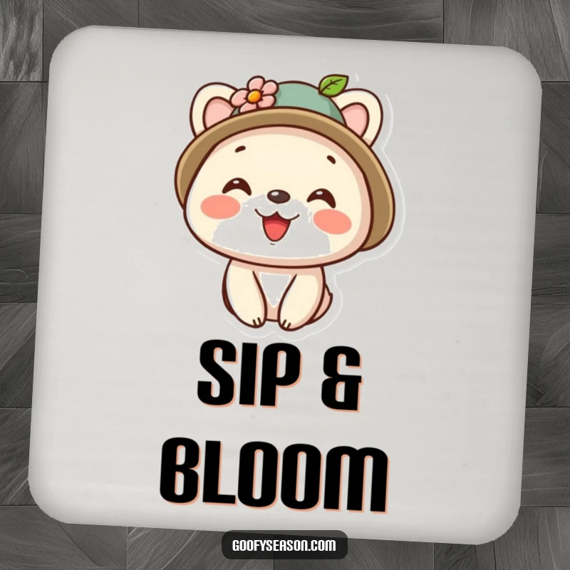 Funny kawaii animal character wearing a tiny flower-adorned hat and a bright smile, featured on a protective drink coaster.