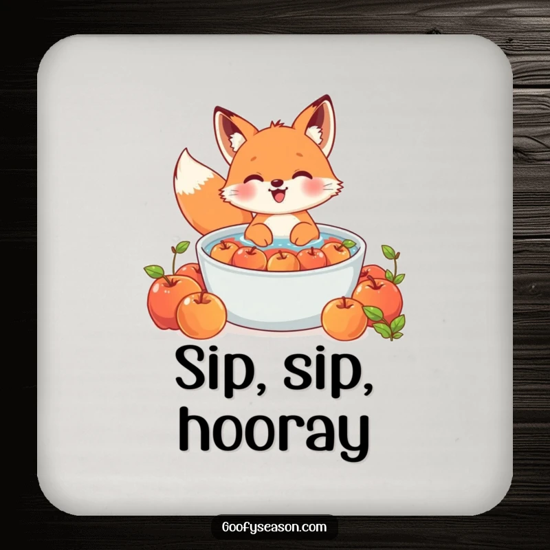 Funny Kawaii fox drink coaster featuring a cute character gleefully bobbing for apples in a large tub, stylish protection.