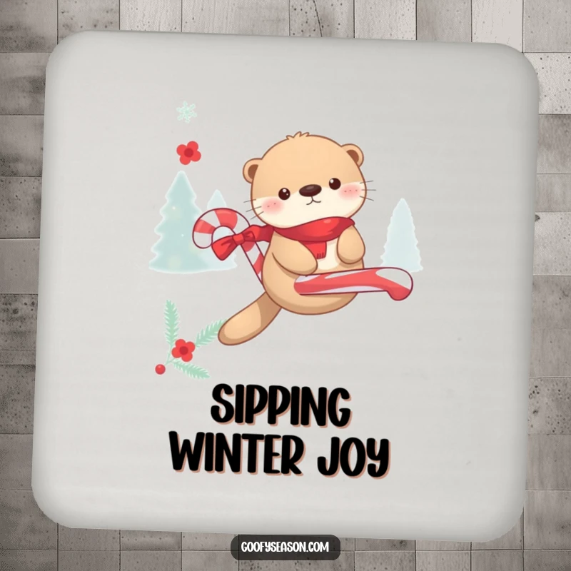 Funny Kawaii otter floating on a candy cane during winter merriment on a drink coaster, safeguarding surfaces.