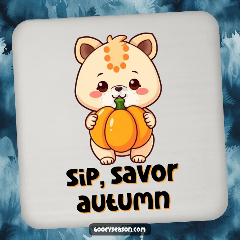 Funny kawaii animal character holding a pumpkin with a grin, protecting your table with this cute drink coaster.