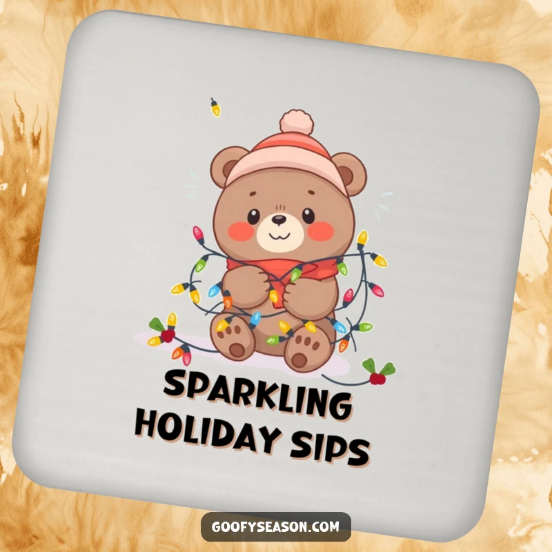 Funny Kawaii bear humorously tangled in bright festive winter lights on a cute drink coaster.