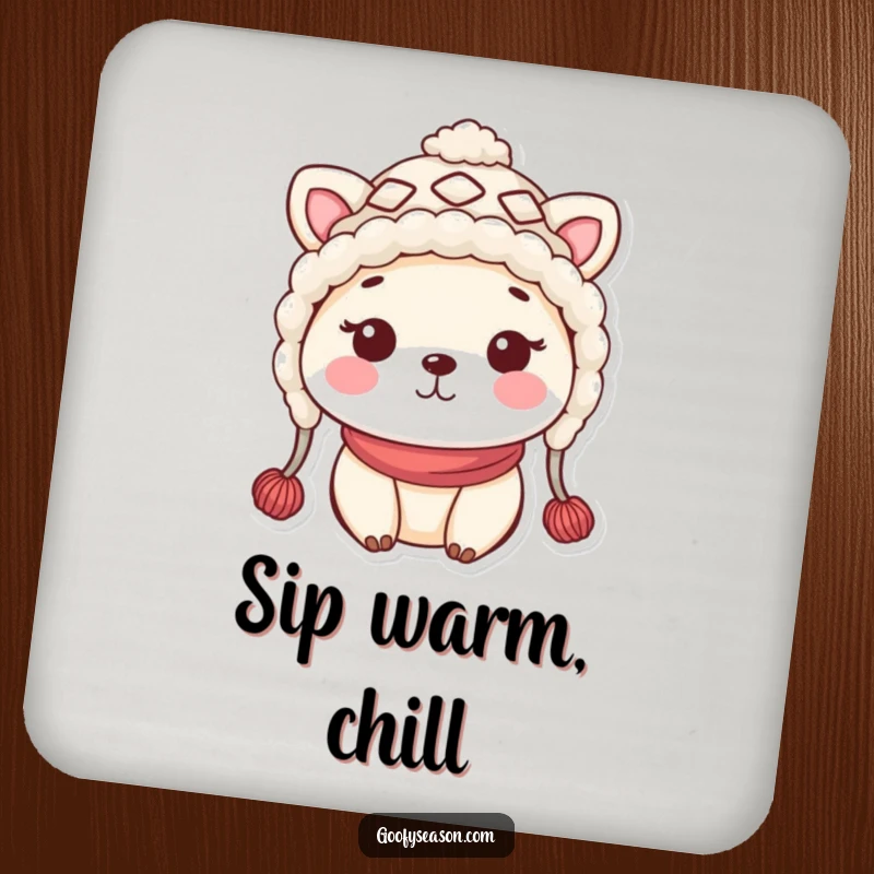 Funny kawaii animal character in a silly woolly hat with rosy cheeks, protecting your table with this drink coaster.