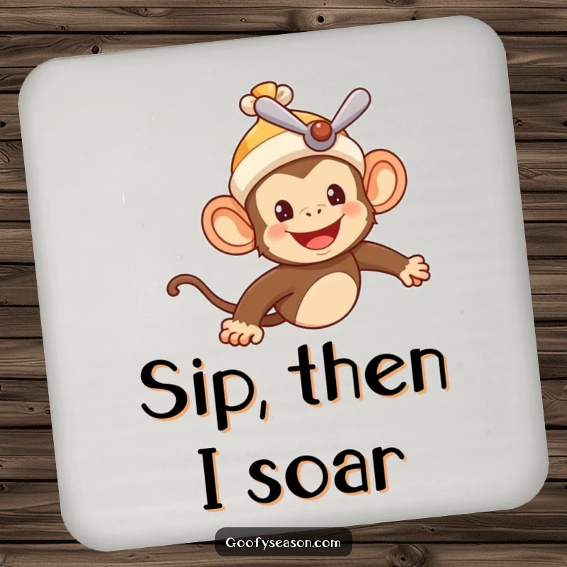 Funny drink coasters showcasing a cheerful monkey pilot in a propeller beanie, flying through a summer sky, protecting furniture humorously.