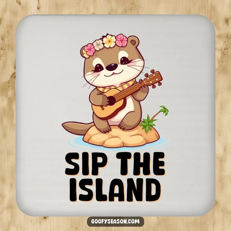 Funny otter coasters depicting a cute otter with a lei playing a ukulele on a tiny island. Protects surfaces with humor.