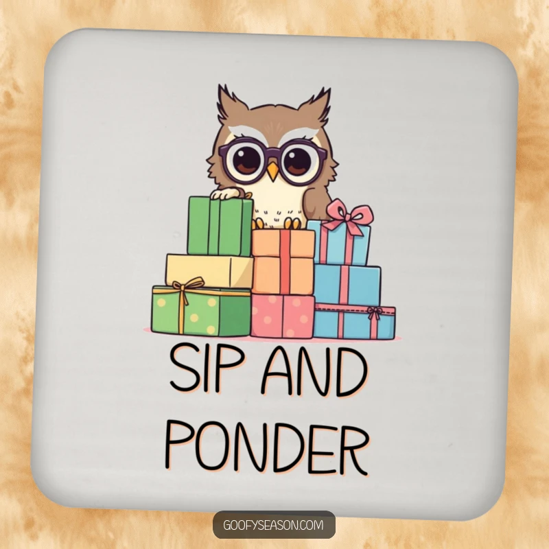 Funny owl with glasses peeking from behind presents on a drink coaster, a fun funny gift.