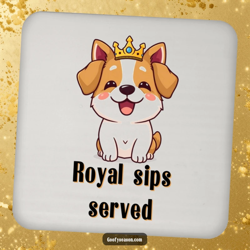 Funny dog wearing a crown and enjoying a royal feast on coasters, bringing noble humor to tabletops.