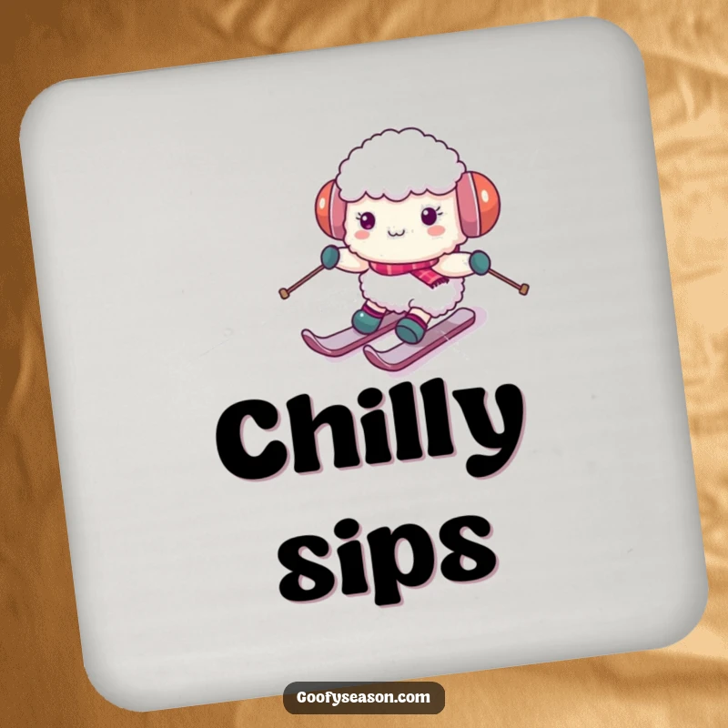 Funny sheep character wearing earmuffs, skiing down a snowy hill on a drink coaster, adding a touch of winter humor.