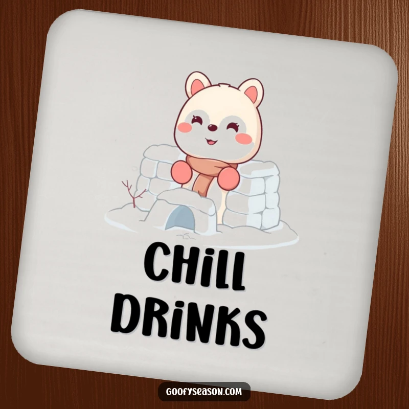 Funny coaster set featuring an energetic smiling animal character wearing tiny mittens and building a snow fort.