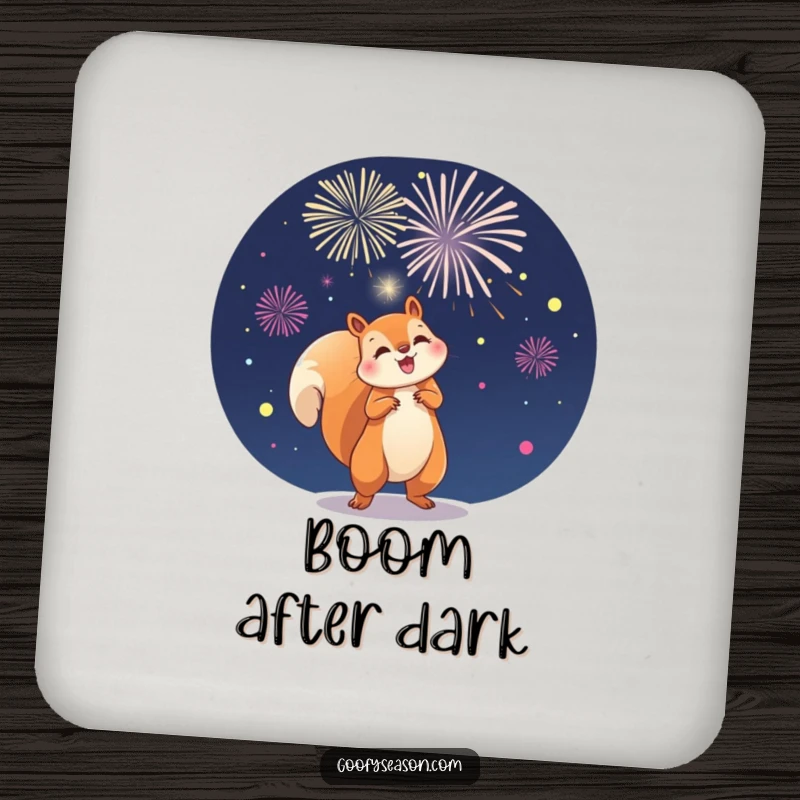 Funny coasters featuring a playful squirrel character launching fireworks in the night sky, adding festive flair.