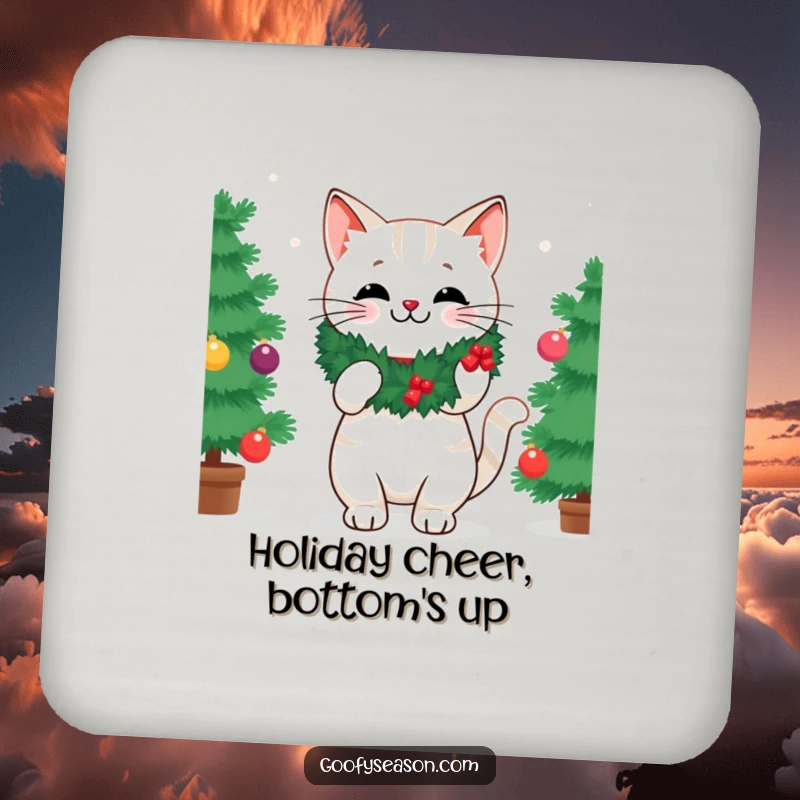 Funny drink coaster with a cheerful cat wearing a festive wreath, decorating a Christmas tree with small ornaments.