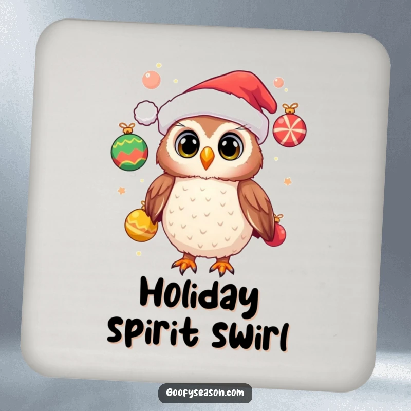 Funny coaster set with a cheerful owl wearing a Santa hat and juggling festive ornaments, protecting surfaces with holiday cheer.