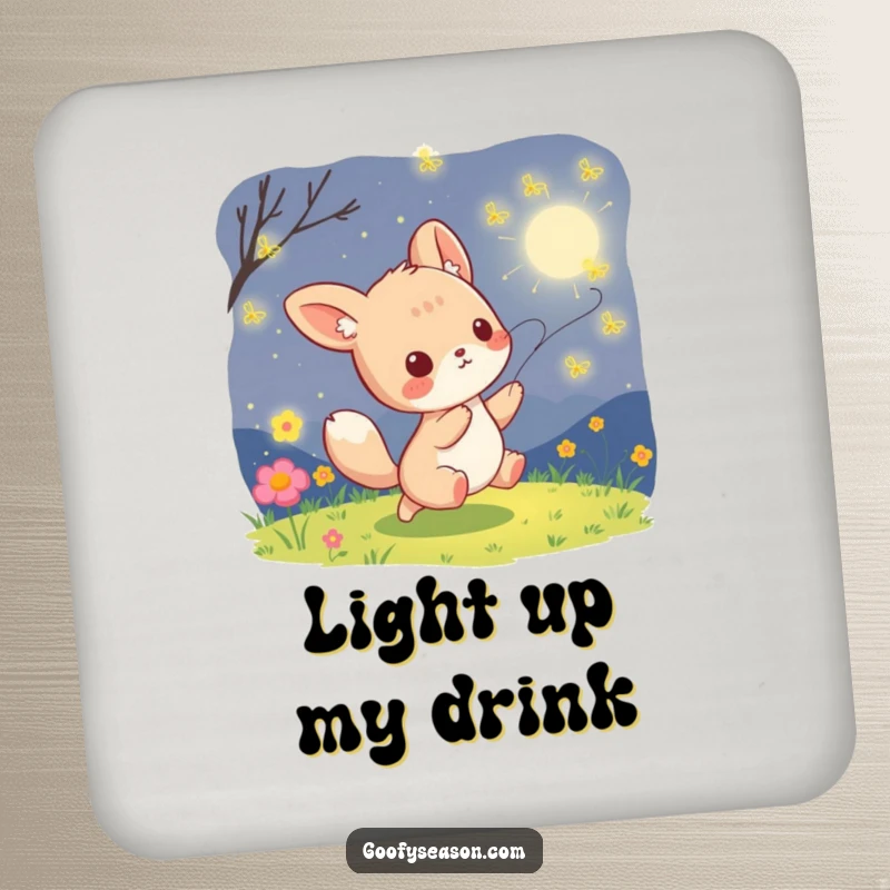 Funny kawaii animal character playfully chasing glowing fireflies on a summer night, featured on a protective drink coaster.