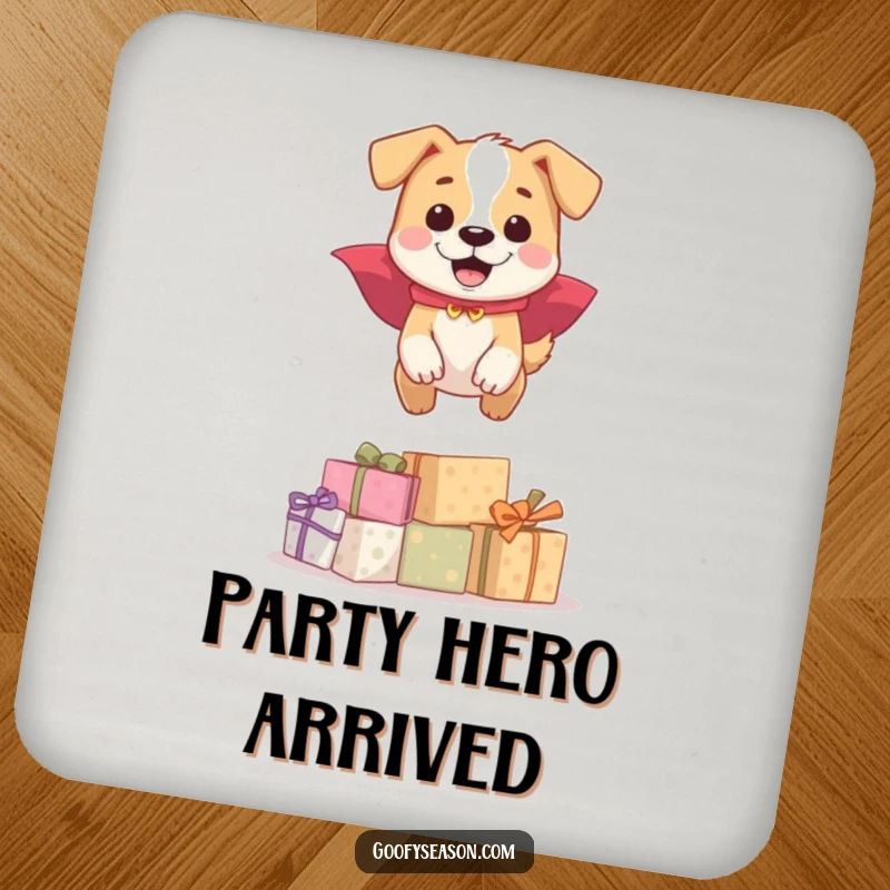 Funny happy dog in a cape leaping over presents on a drink coaster, a fun funny gift.