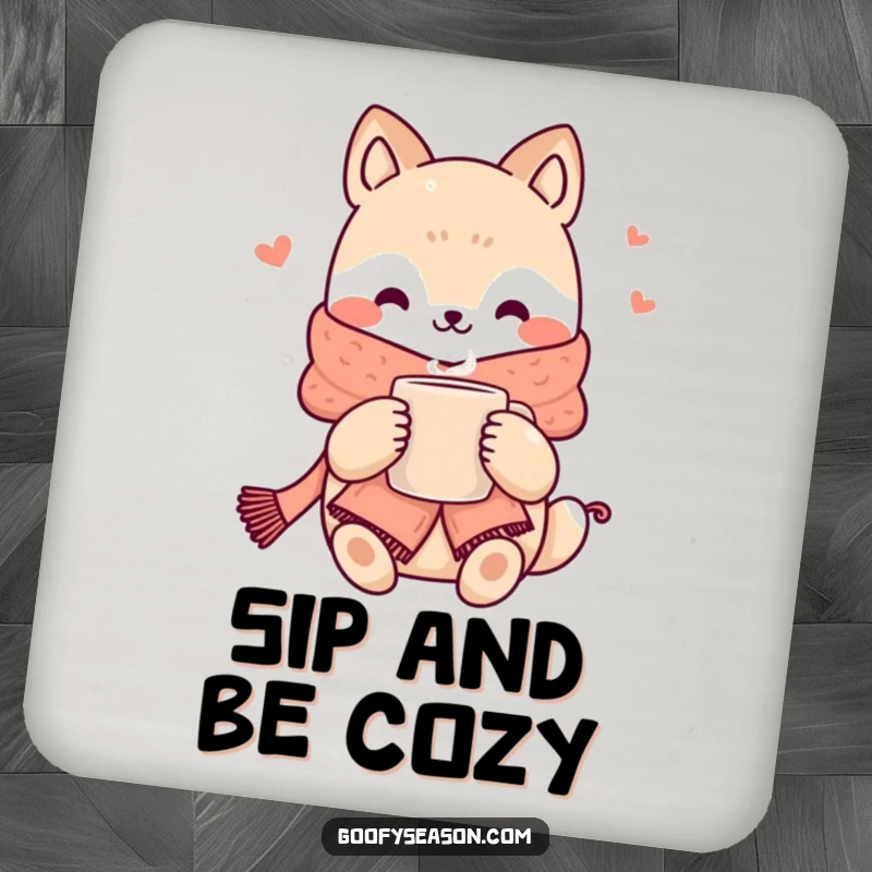 Funny kawaii animal character in a scarf holding a steaming mug, designed as a functional drink coaster.