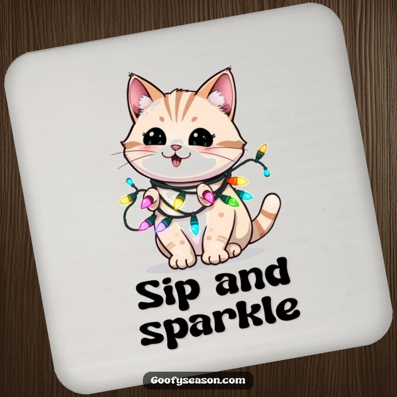 Funny drink coaster featuring an energetic cat blinking playfully, entangled in glowing holiday Christmas lights.