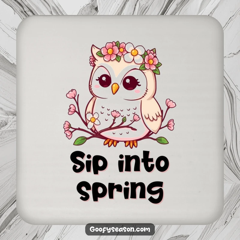 Funny drink coaster with a kawaii owl wearing a flower crown, observing blooming spring buds.