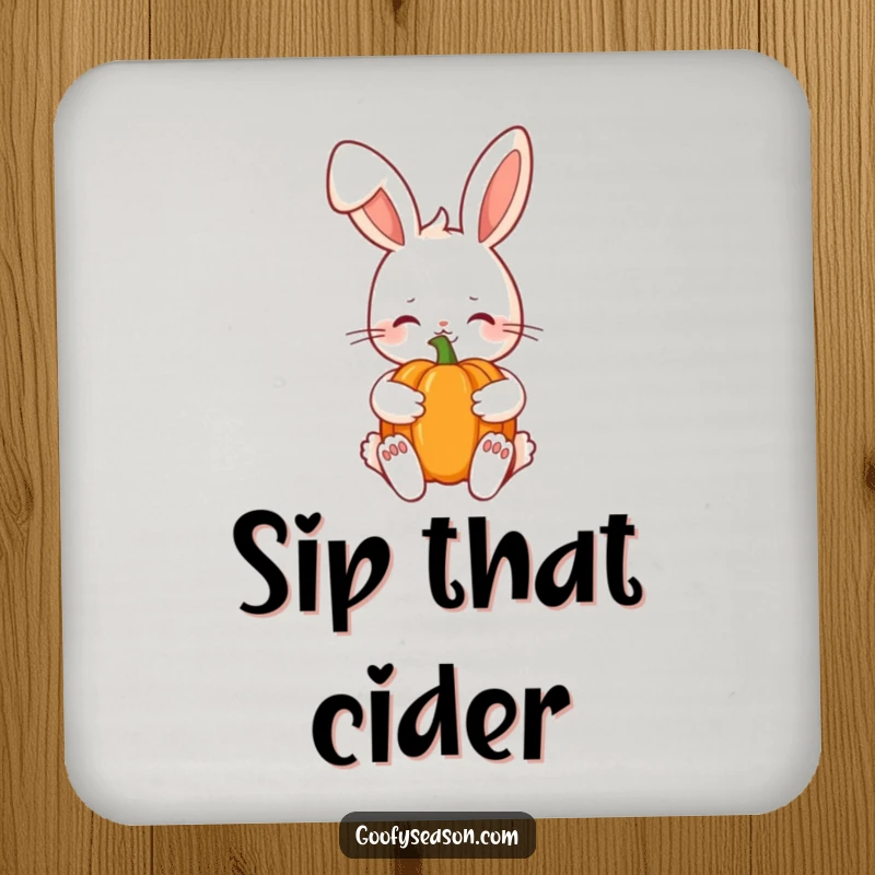 Funny Kawaii bunny with a shy smile holding a pumpkin, protecting surfaces on a cute autumn-themed drink coaster.
