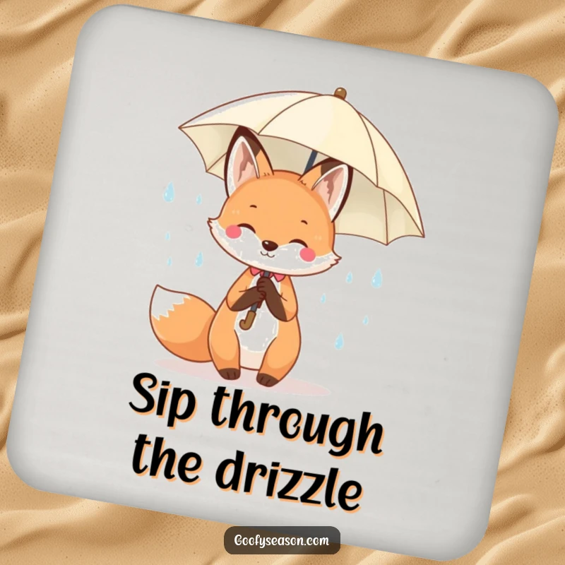 Funny Kawaii fox holding an umbrella under cheerful spring raindrops on a cute, protective drink coaster.